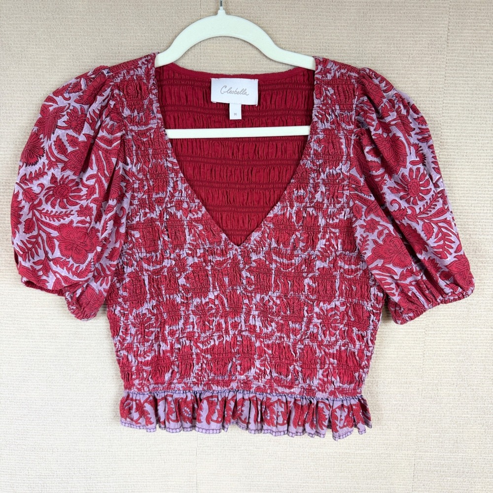 Cleobella Red Floral Smocked Puff Sleeve Organic Cotton Crop Blouse Size M